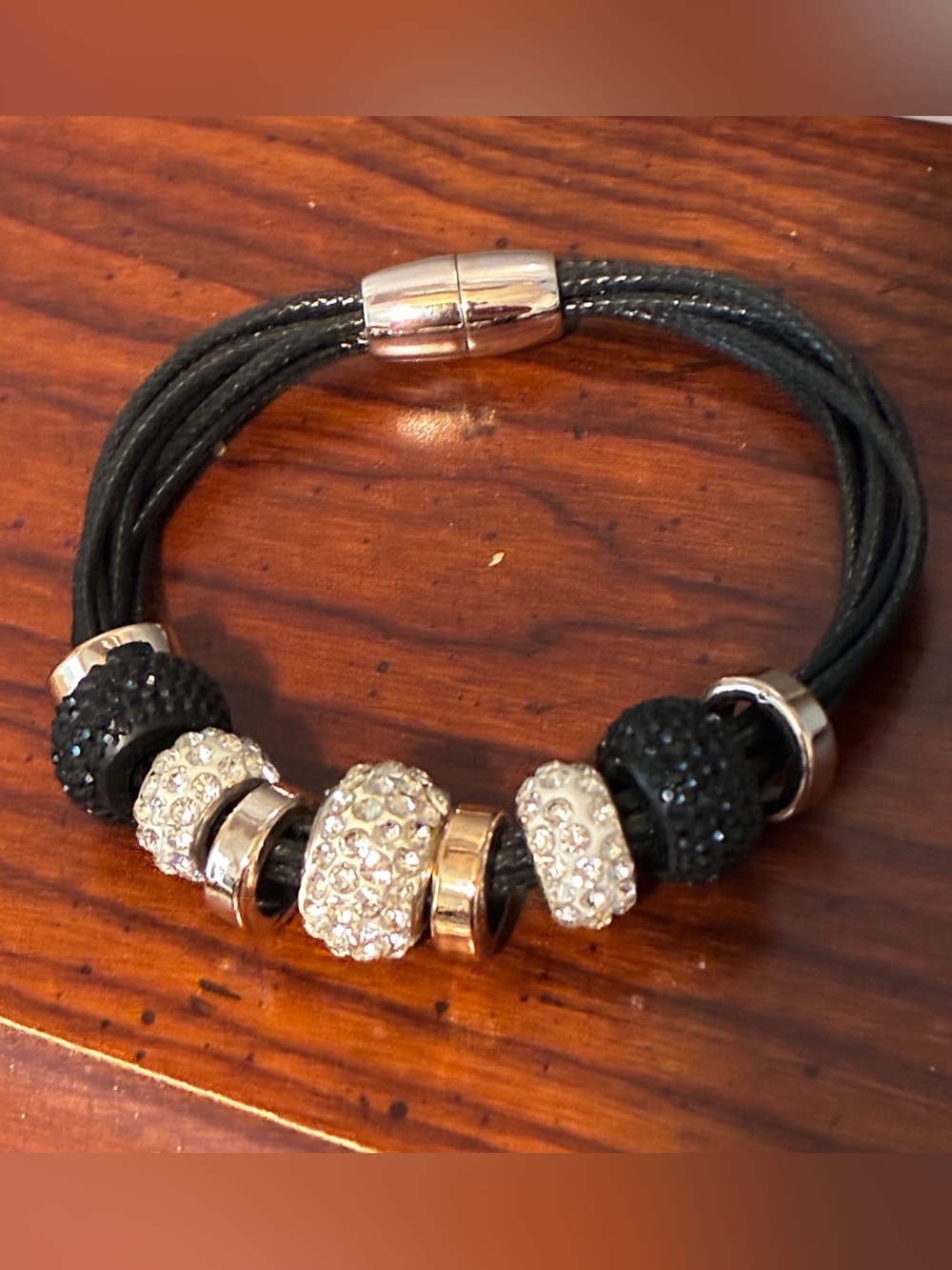 Black Cord & Crystal Bead Bracelet   Magnetic Clasp